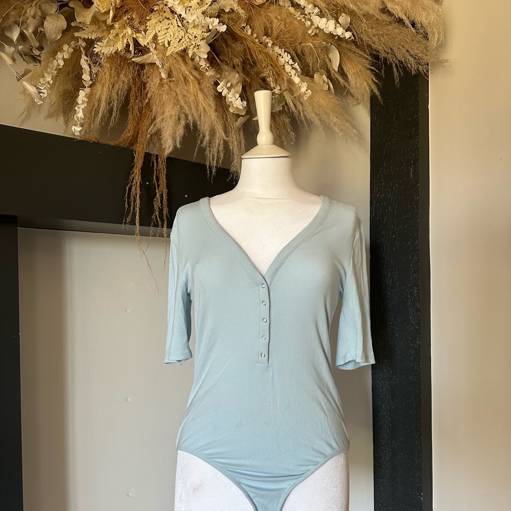 Gianni Bini Ribbed Snap Up Bodysuit - Baby Blue